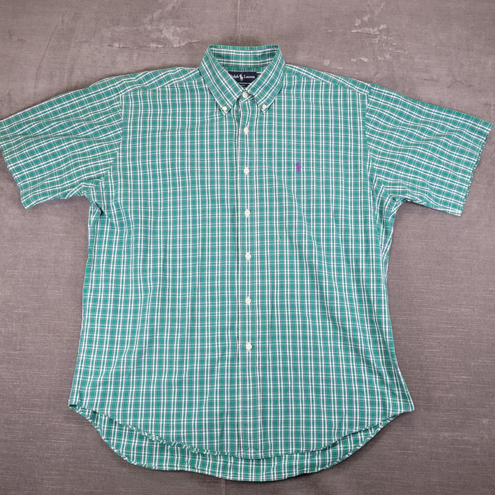 Ralph Lauren Blake Plaid Button Down Shirt Men's Sz L Green Purple Short Sleeve